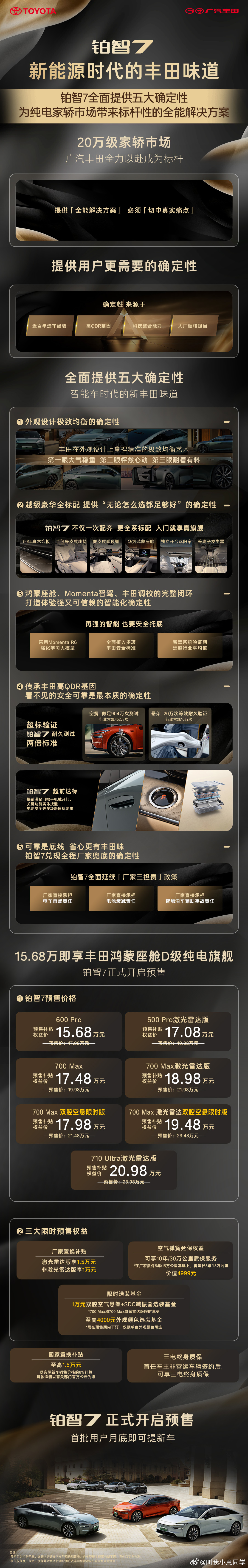 姐妹们，广汽丰田的全新纯电轿车铂智7的实车，这周已经陆续进店了，预售政策很多人估