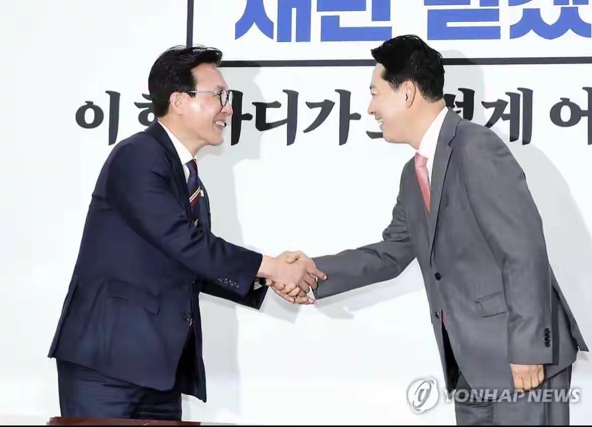 共同民主党新任党首金珉锡和最大在野党国民力量党党首张东赫象征性的见面了，别看他们