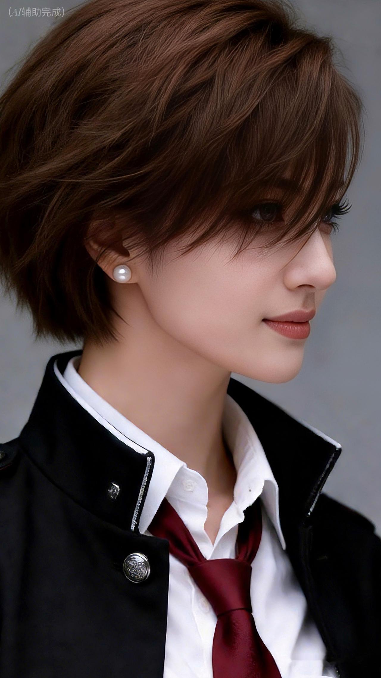 棕褐短发利落蓬松，白衬衫外搭黑外套系酒红领带，珍珠耳钉点睛。眉眼含情眸亮如星，唇