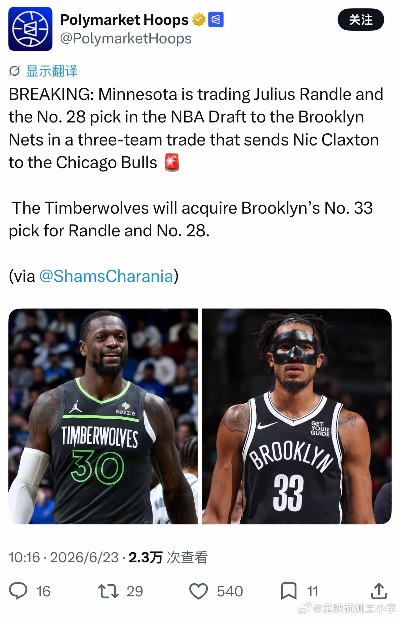兰德尔被交易到篮网突发新闻：明尼苏达州正在将朱利叶斯·兰德尔和NBA选秀第28顺