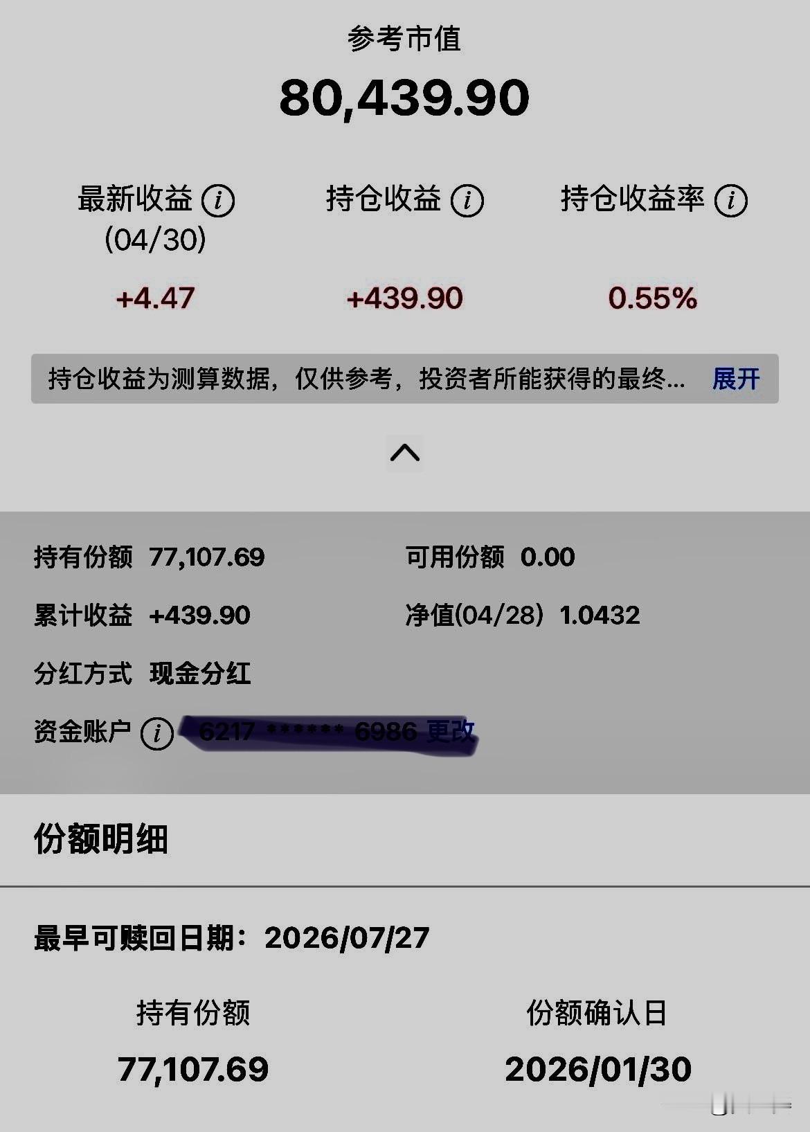 20260501
1月30日，我认购了8万元的理财产品，到昨天刚好3个月，收益4