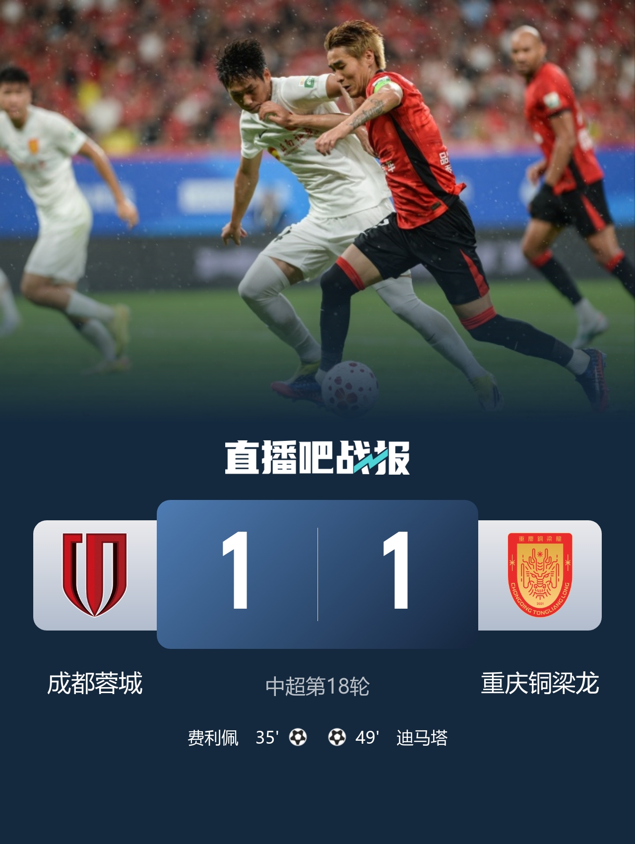 14分领跑！蓉城1-1铜梁龙联赛2连平 费利佩破门+中框迪马塔救主