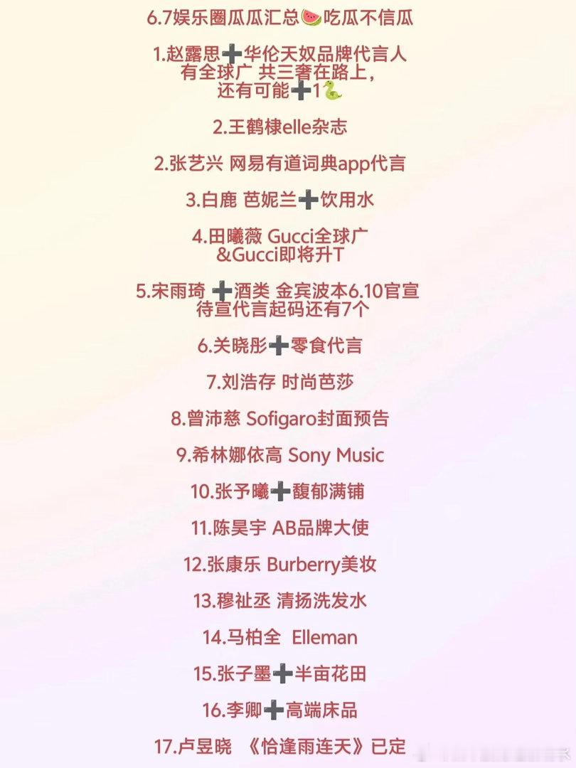 6.7娱乐圈瓜瓜汇总🍉吃瓜不信瓜 1。赵露思华伦天奴品牌代言人有全球广 共三奢