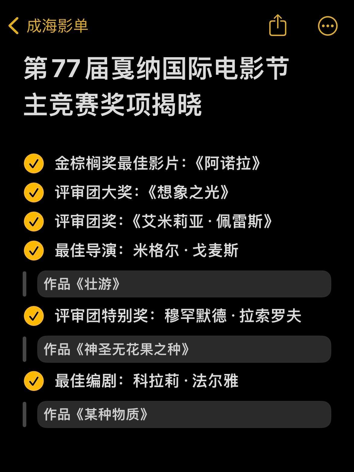 #戛纳获奖名单#🎬第77届戛纳国际电影节主竞赛奖项揭晓 📢本届主竞赛中国影片