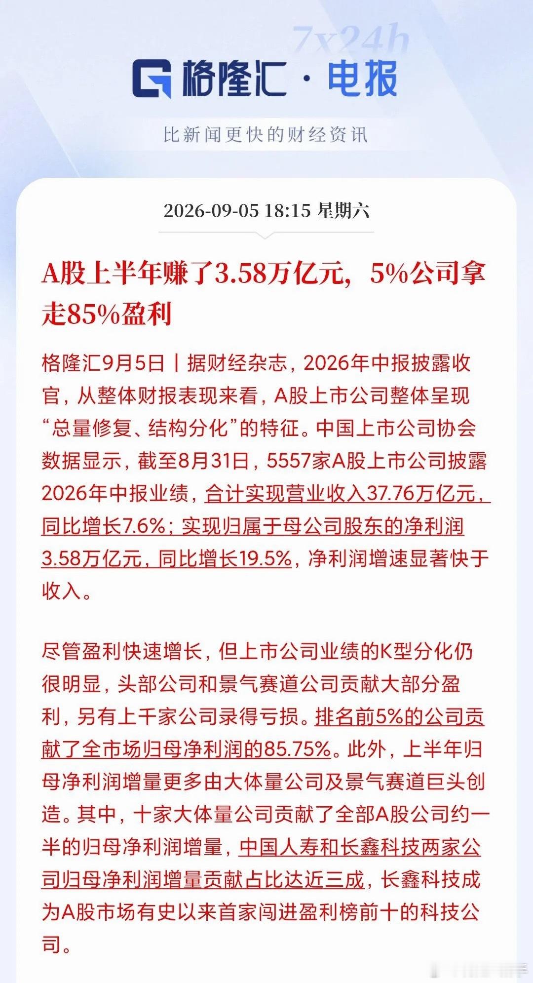 平均数很漂亮，真相很扎心！大A上半年净利润3.58万亿，增速19.5%——看着挺