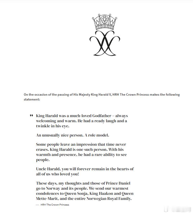 挪威王室 🇳🇴🇸🇪瑞典维多利亚女王储给教父哈拉尔国王的致哀：“哈拉尔国王