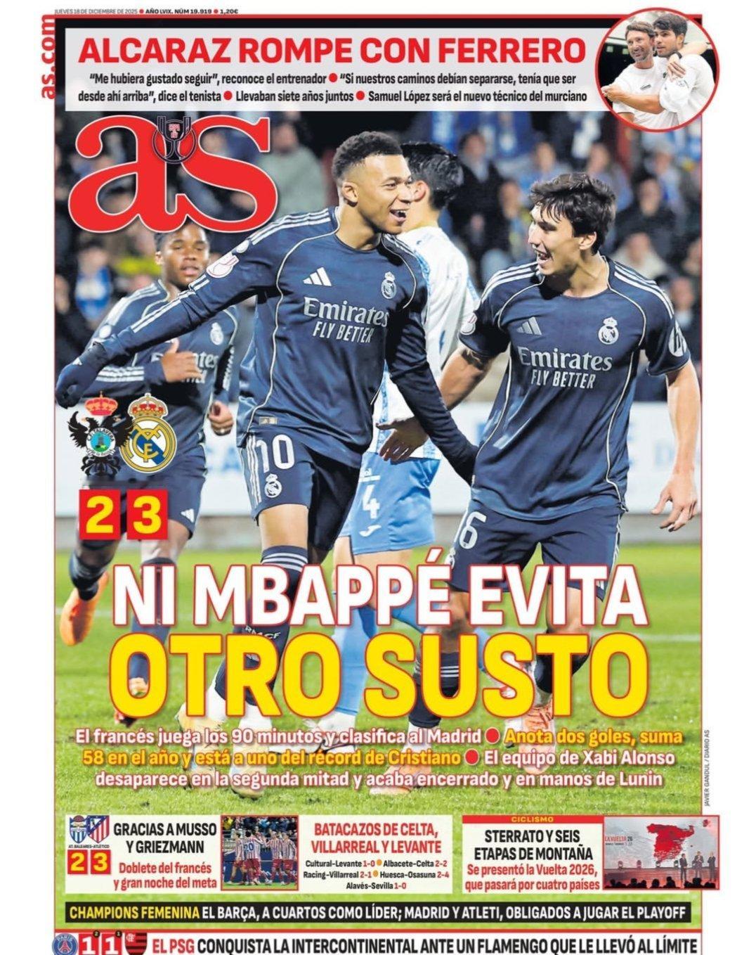 皇马 《阿斯》姆巴佩也不能避免又一次惊吓姆巴佩踢满全场，帮助皇马晋级打进两球，今