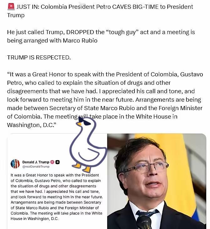 哥伦比亚总统佩特罗向特朗普总统大幅让步
他刚刚给特朗普打了电话，放下了“硬汉”姿