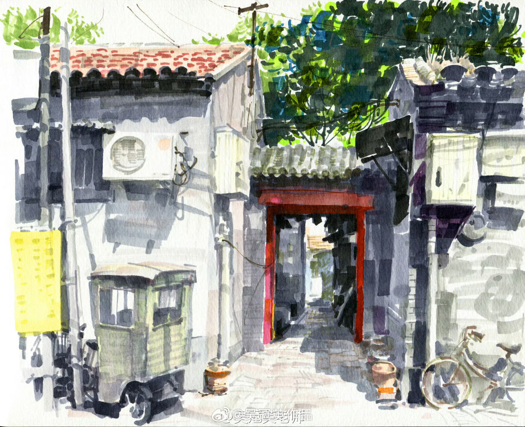 马克笔：老胡同，画于2014年6月12日。 