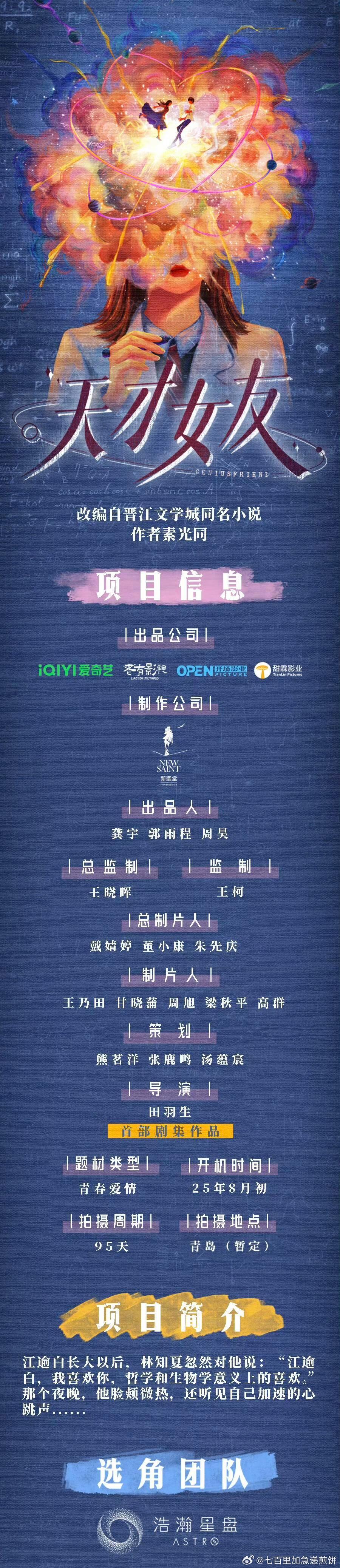 爱奇艺青春剧《天才女友》8月7日青岛开机田曦薇饰林知夏胡一天饰江逾白赖伟明饰沈负