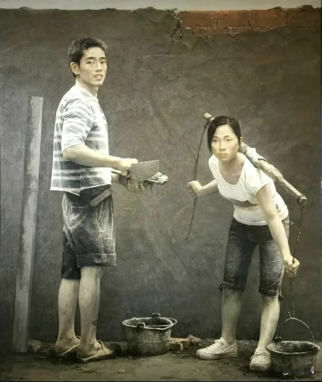 这幅油画名为《小夫妻》，由画家李节平创作于2009年，是一幅布面油画，尺寸为19