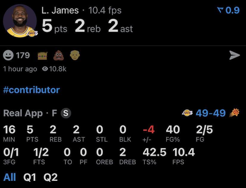 半场的詹姆斯：5投2中 三分球1中0 罚球2中15分2篮板2助攻0失误湖人vs太