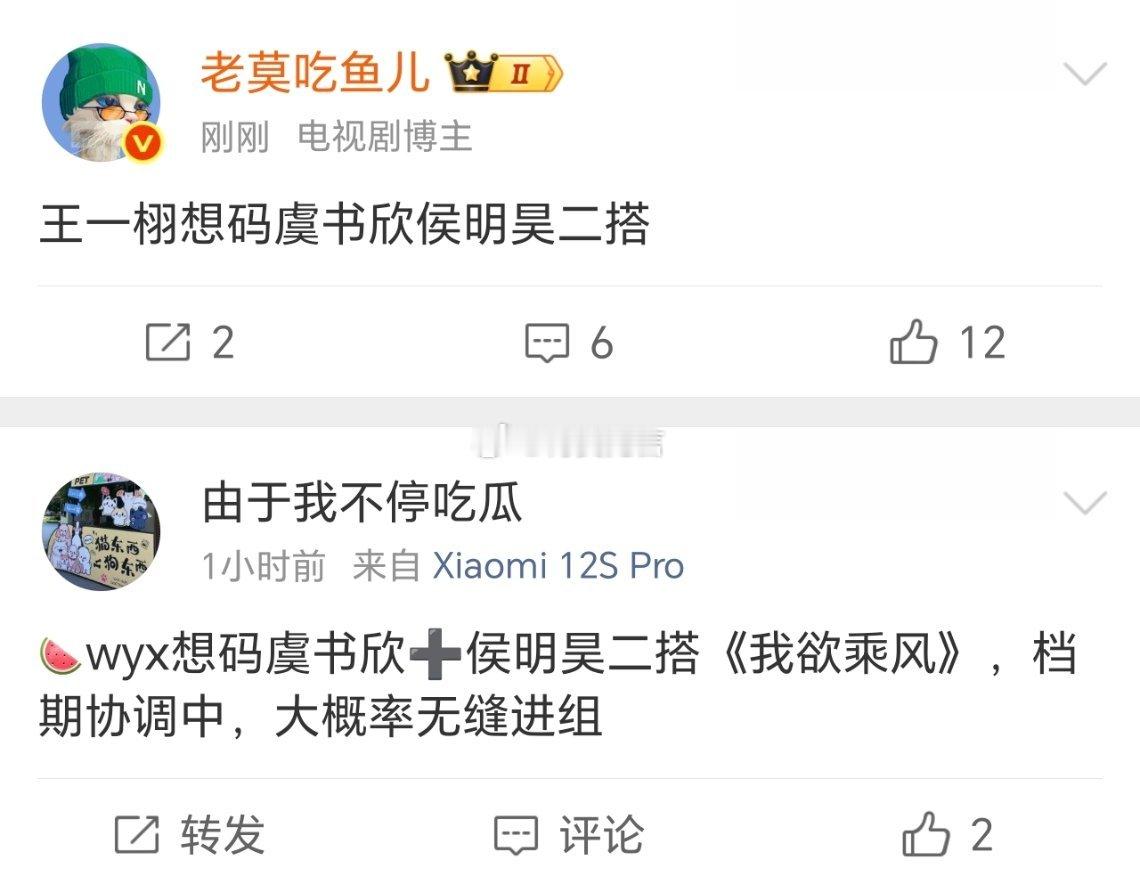 🍉网传王一栩正在筹备，希望虞书欣侯明昊再度合作二搭新剧（我欲乘风） 