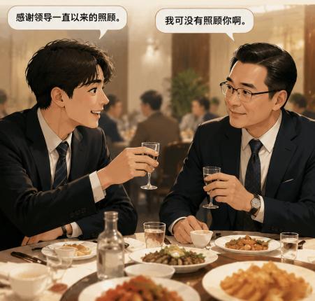 饭局上，你给领导敬酒说：“感谢领导一直以来的照顾。”领导却说：“我可没有照顾你啊