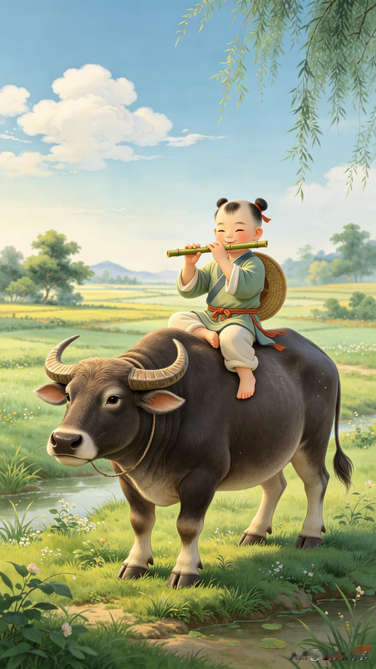 顺口溜.牧笛悠悠
原创/老陈爱分享

小牧童，骑黄牛，
横笛声声入云霄。
柳枝轻