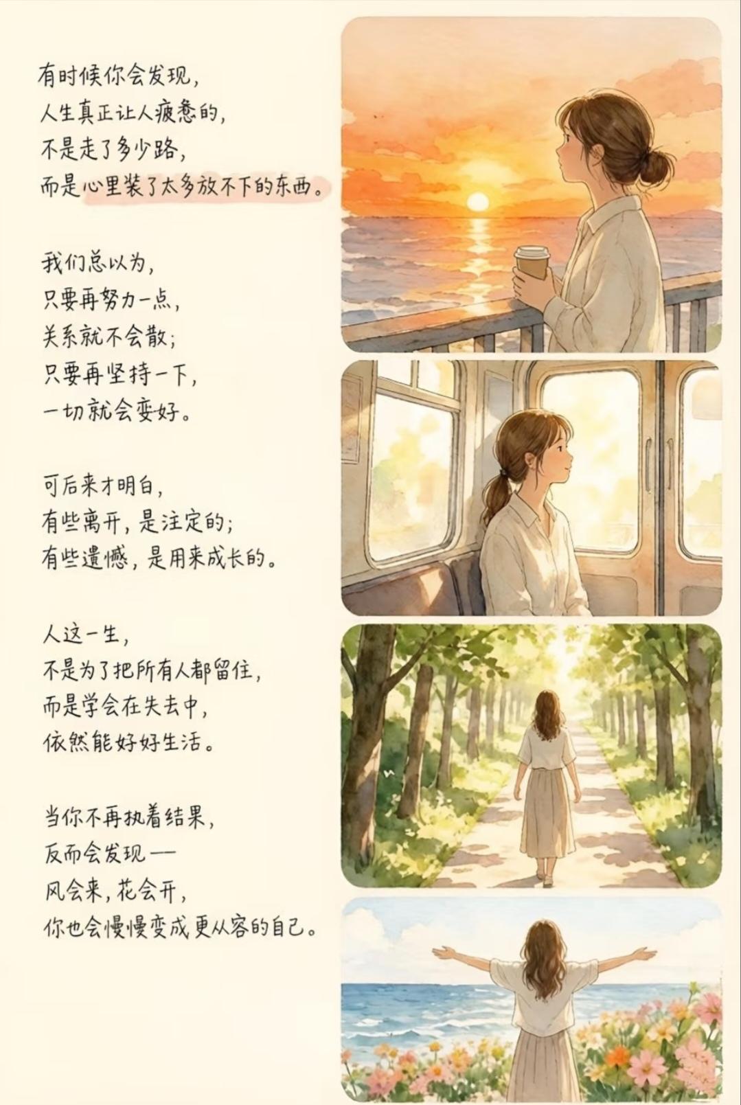 有时候你会发现，
人生真正让人疲惫的，
不是走了多少路，
而是心里装了太多放不下