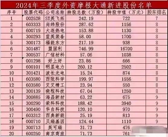 2024年三季度外资摩根大通、高盛新进上市公司名单 ​​​