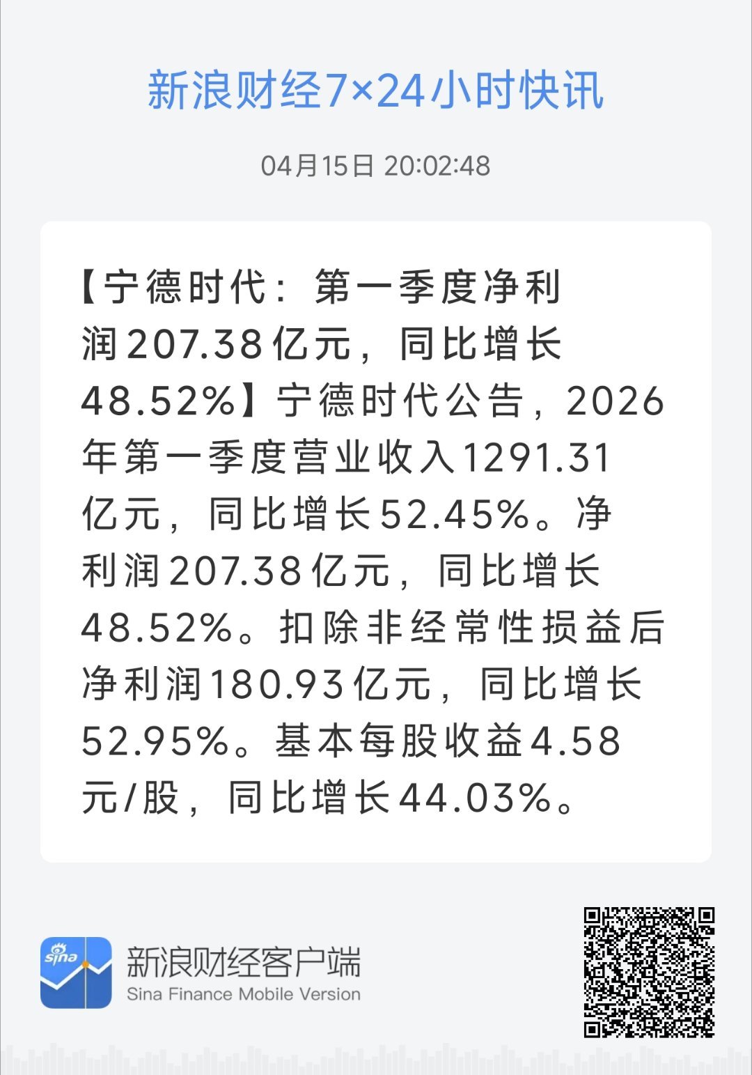 宁德时代：第一季度净利润207.38亿元，同比增长48.52%。
