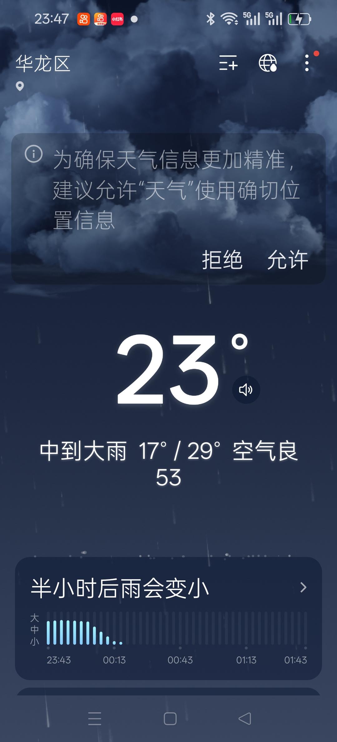 今天在下大雨，天气预报居然是晴天，另外一个显示在下雨，如果是外地人该相信哪一个。