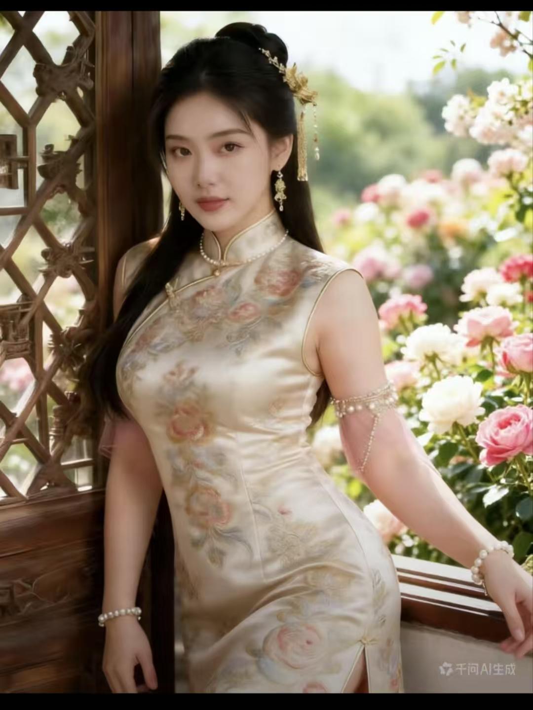 塞鸿秋·春庭玉人
云鬟轻理春芳衬，
锦袍飘曳良辰印。
小乔倚槛风音近，
蝶儿逐蕊