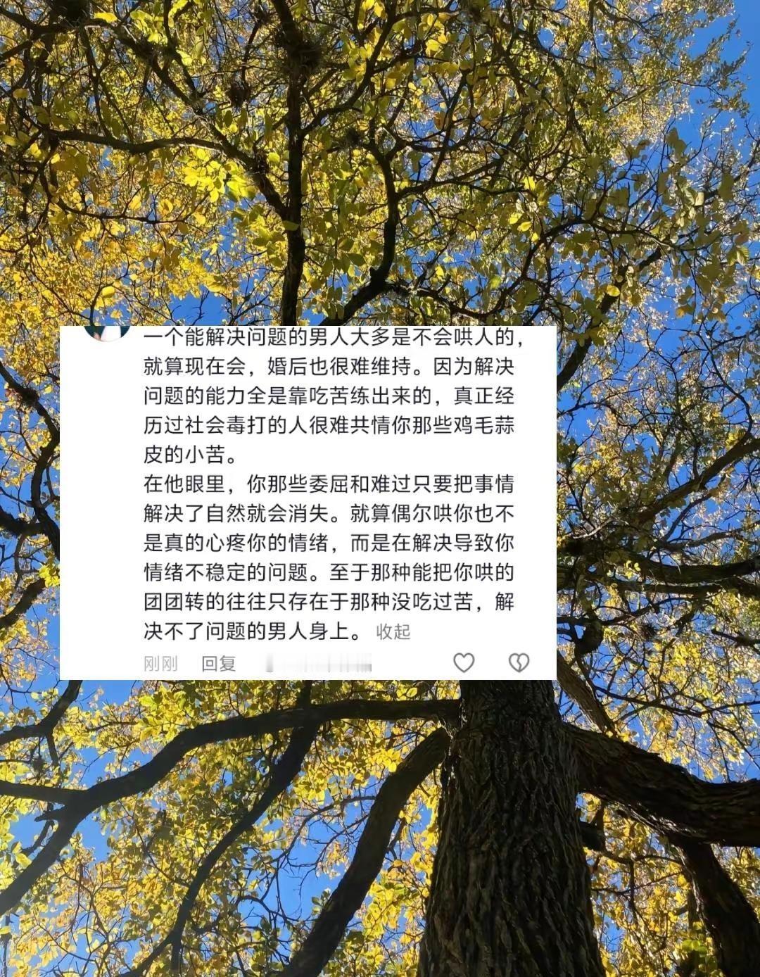 一个能解决问题的男人大多是不会哄人的，就算现在会，婚后也很难维持。因为解决问题的