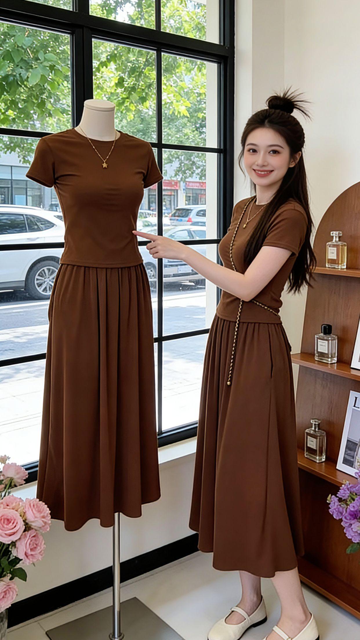 夏日本命松弛感套装来啦！简约修身短袖藏肉显瘦，垂坠感大摆半身裙温柔又有气质，焦糖