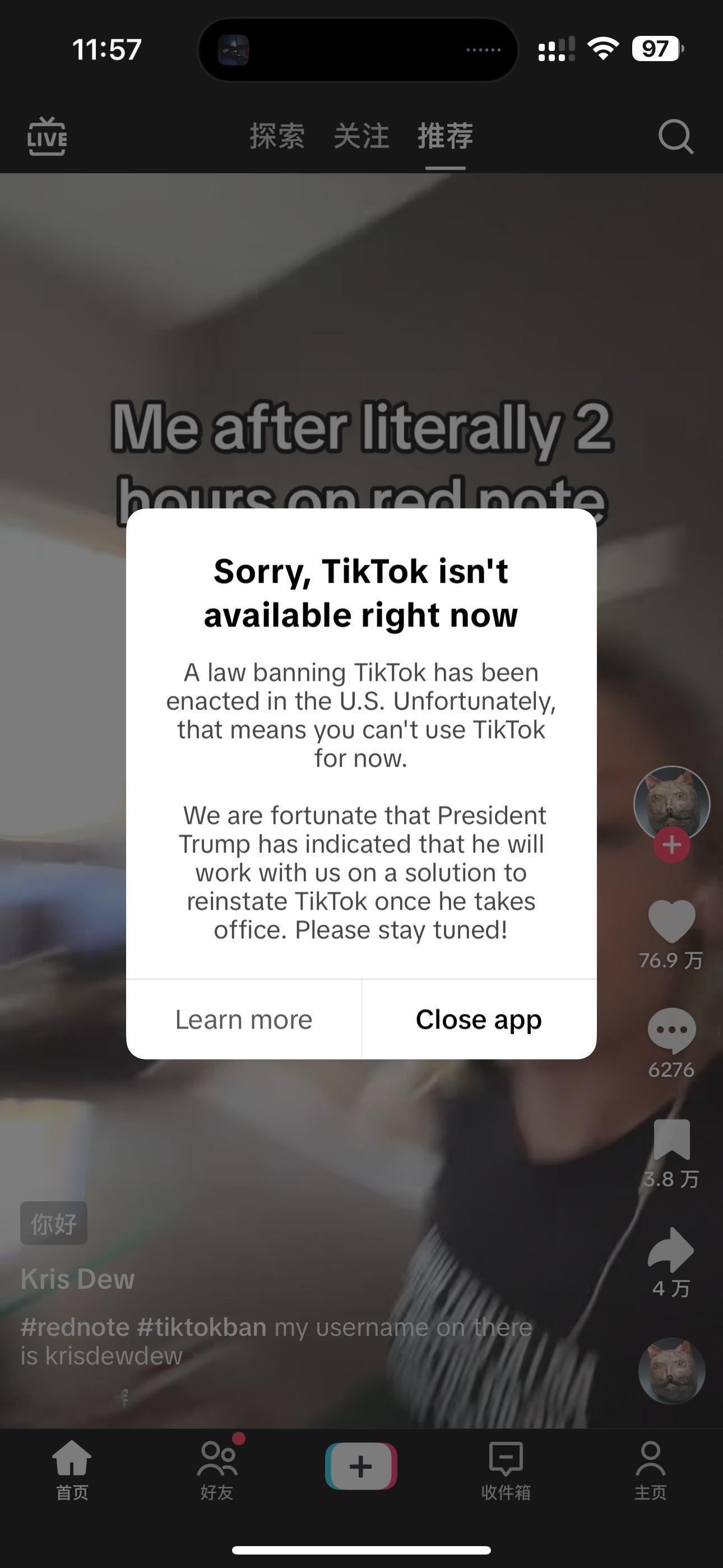 TikTok通知美用户将暂停服务  是真的停了，希望能回归吧。 