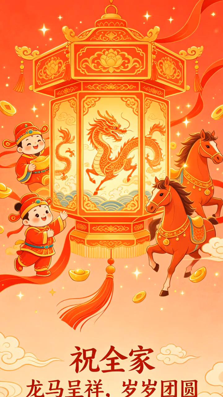 祝全家龙马呈祥，岁岁团圆。