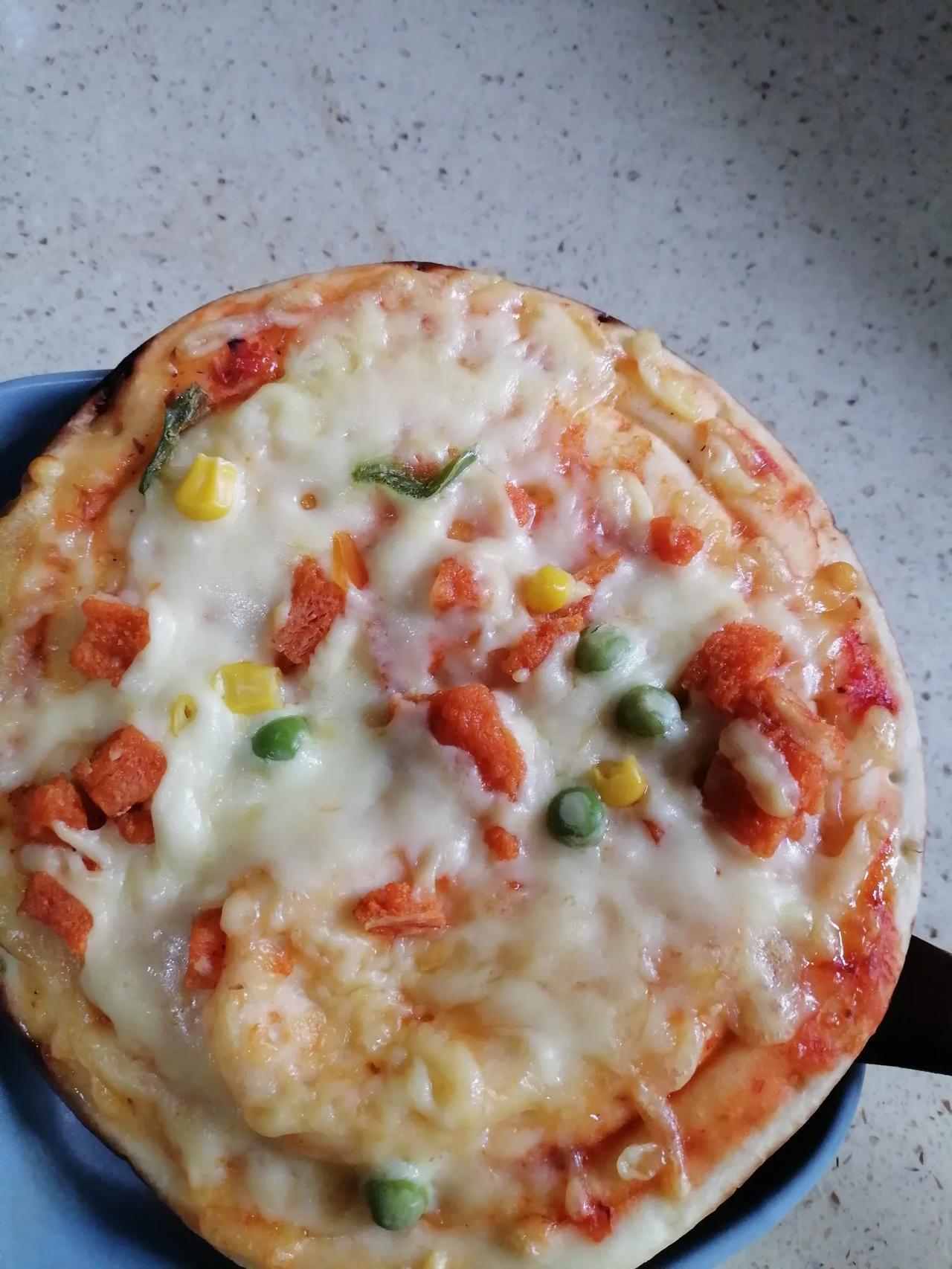 记录我的一日三餐小孩在平台上买的半成品披萨，说是鸡肉的，肉毛都没看着，垃圾，仅此