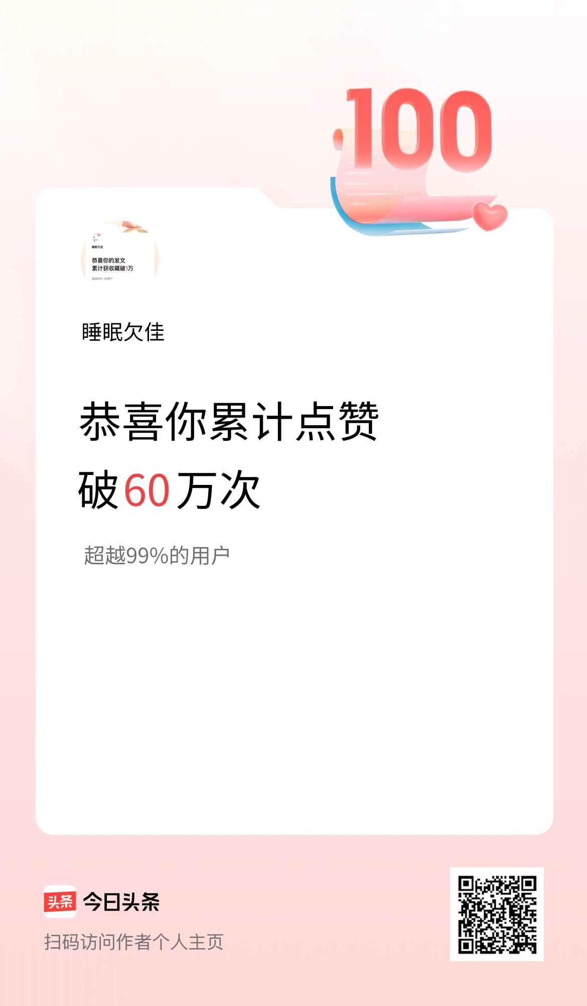 我在头条累计点赞破60万啦！