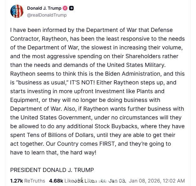 美国总统特朗普声称美国雷神公司工作不够积极，并威胁称若他们不开始投资工厂，就将终