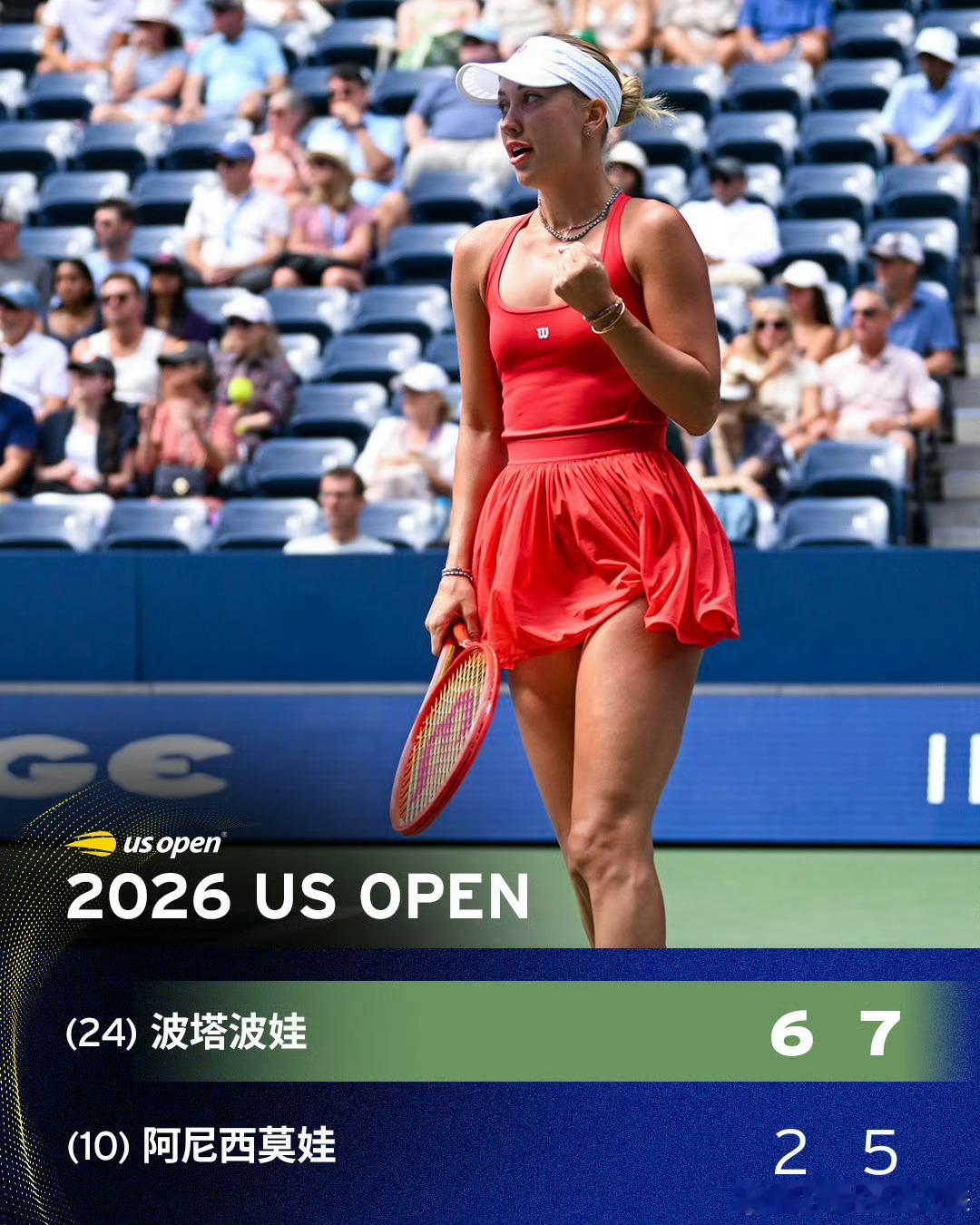 波塔波娃首进美网16强波塔波娃挑落阿尼西莫娃美网2026女单第三轮，24号种子波