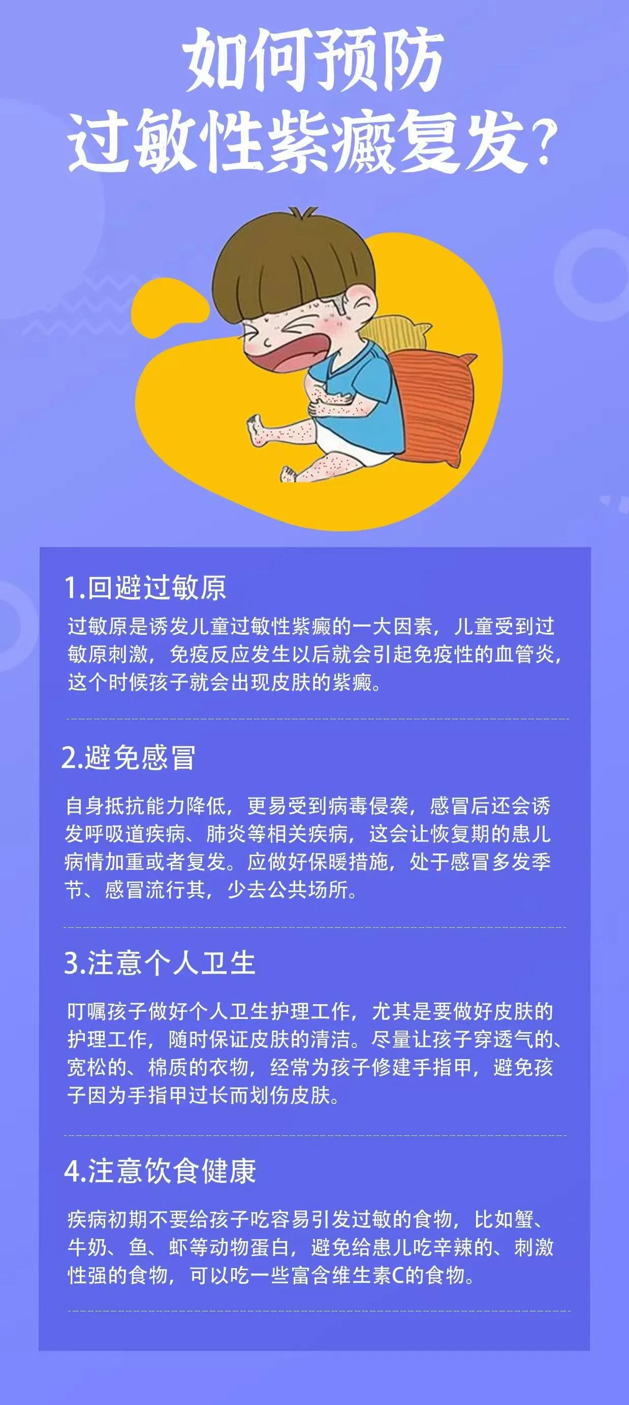 不做预防，等于白治！
作息饮食不规律、环境污染等......
过敏性紫癜的高复发