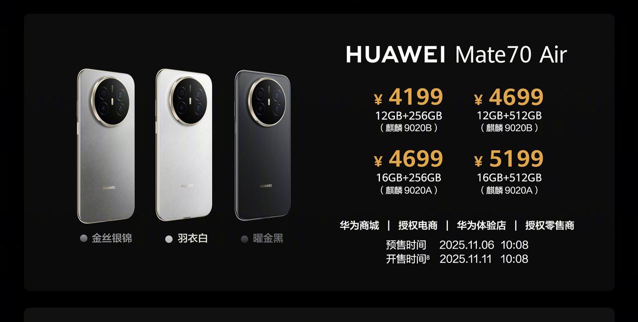 华为Mate 70 Air的配置和价格都公布了：
- 6.6毫米机身，重208克