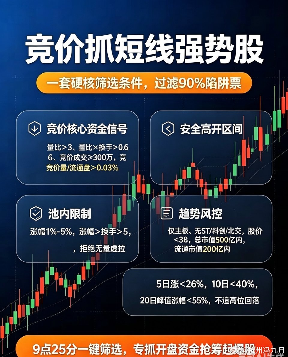 🎯 竞价抓短线强势股：硬核筛选条件与避坑指南在短线交易中，集合竞价阶段（9:1