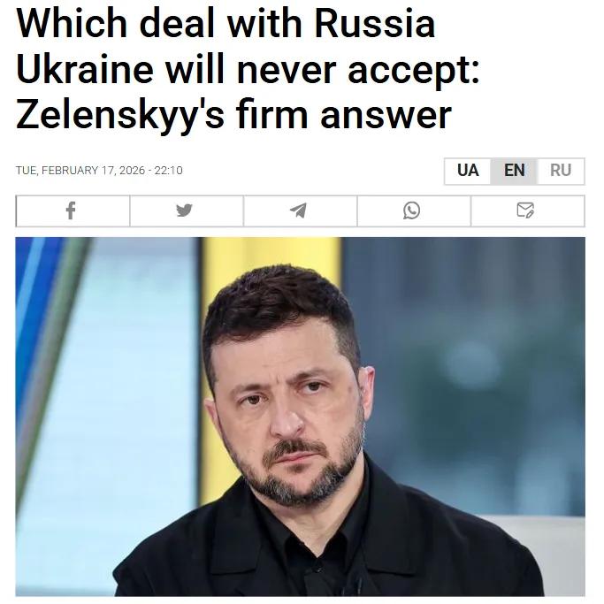 受Axios采访时再次明确表示：乌克兰人民不会接受与俄罗斯达成将使俄罗斯获得整个