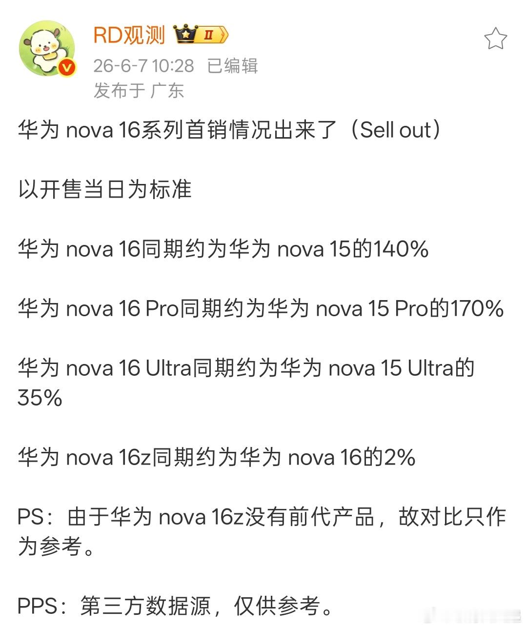 这一代线下主力机，只有华为nova16销量明显好于上一代，其他家这次承压有点大了