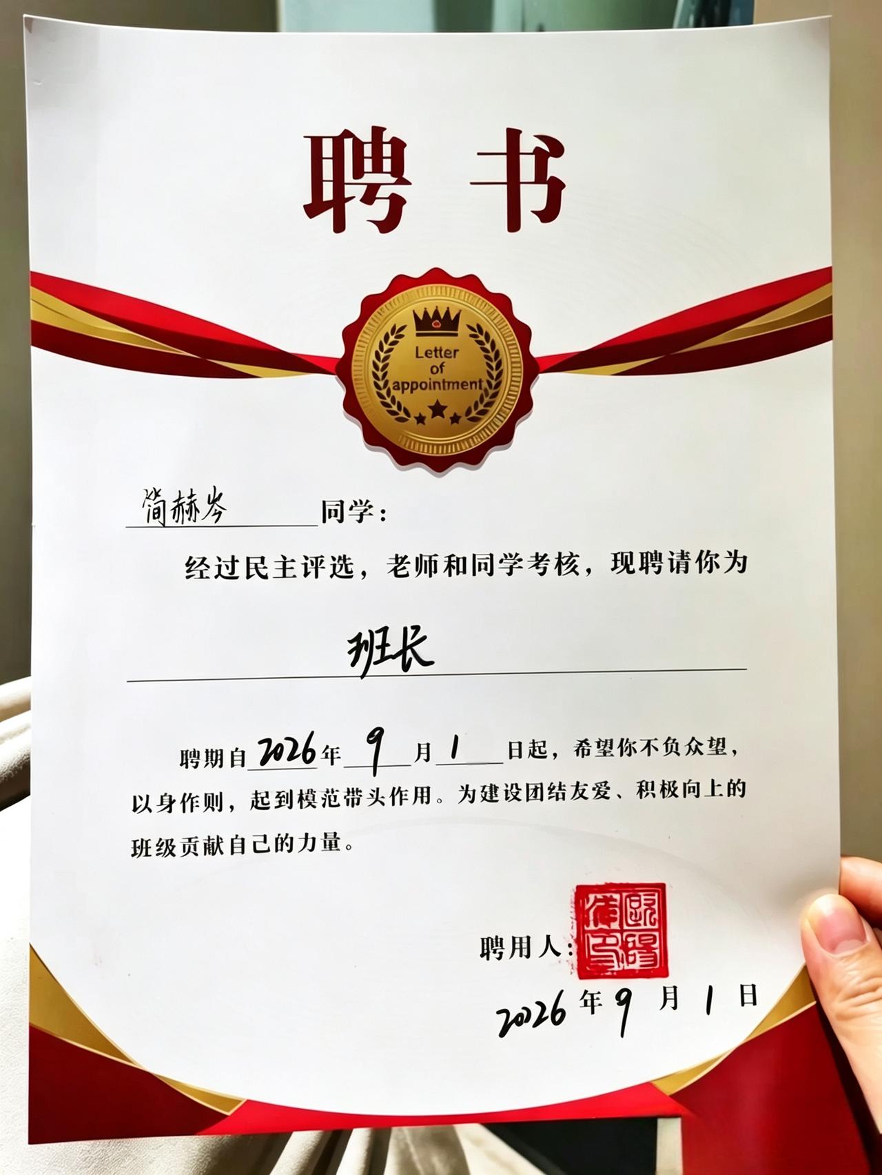 看来没点门路还真领不到这张聘书——班长聘书
黑板板长、讲台台长……后门门长，想走