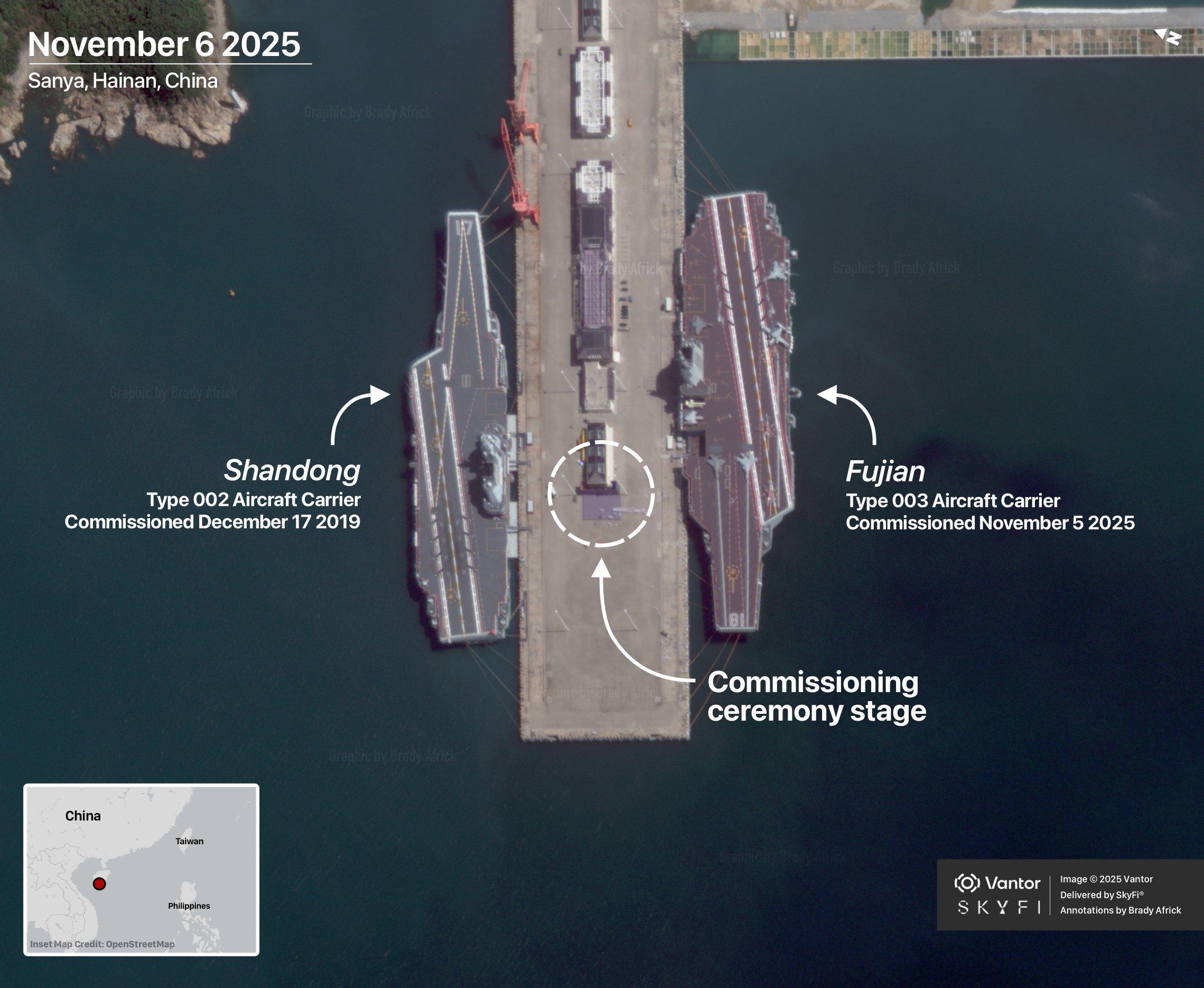 11月6日服役后福建舰和山东舰卫星图 福建舰上的舰载机清晰可见 接下来东大的航母