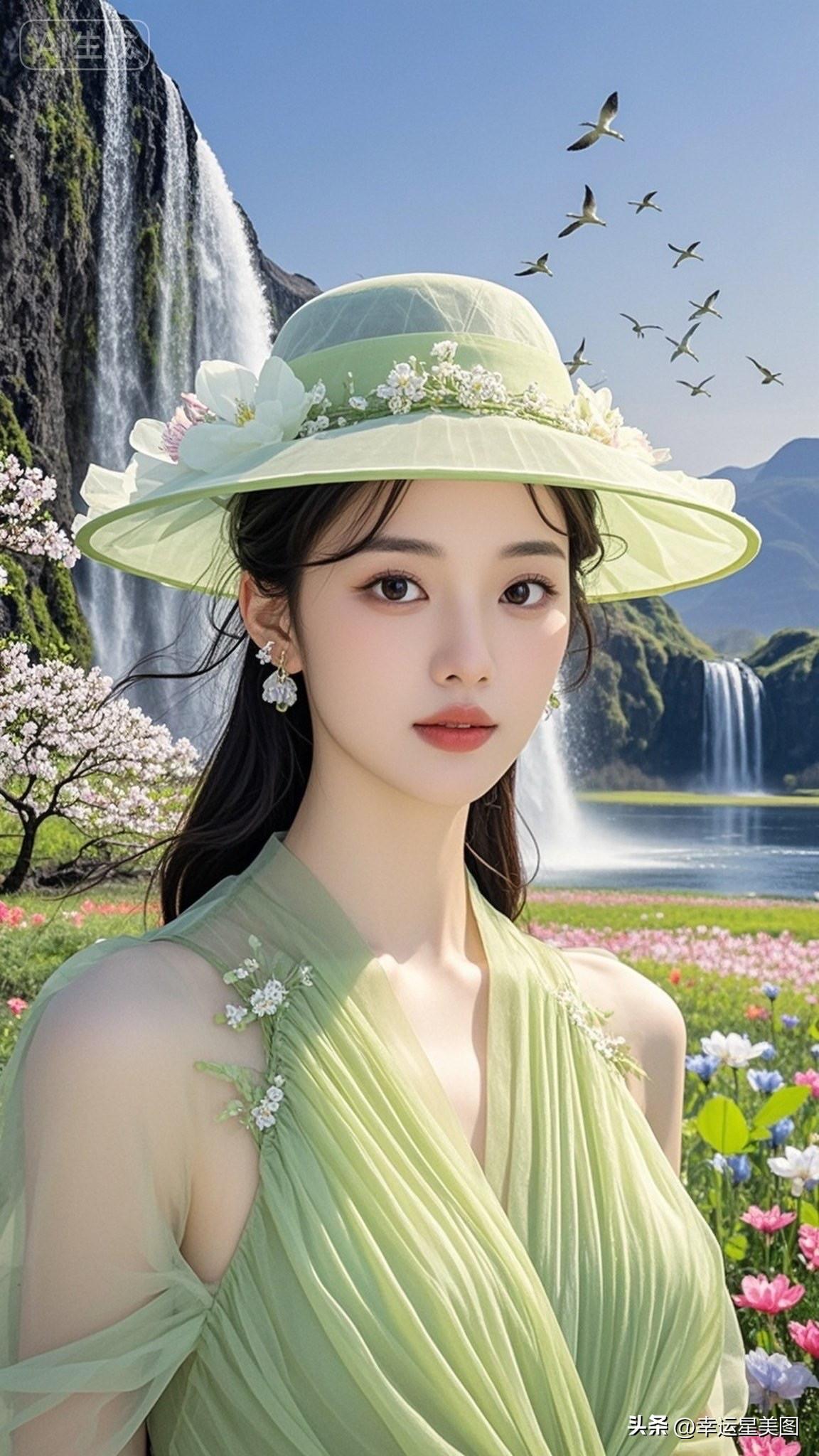 梦幻森林中的绿衣仙子，与自然融为一体。