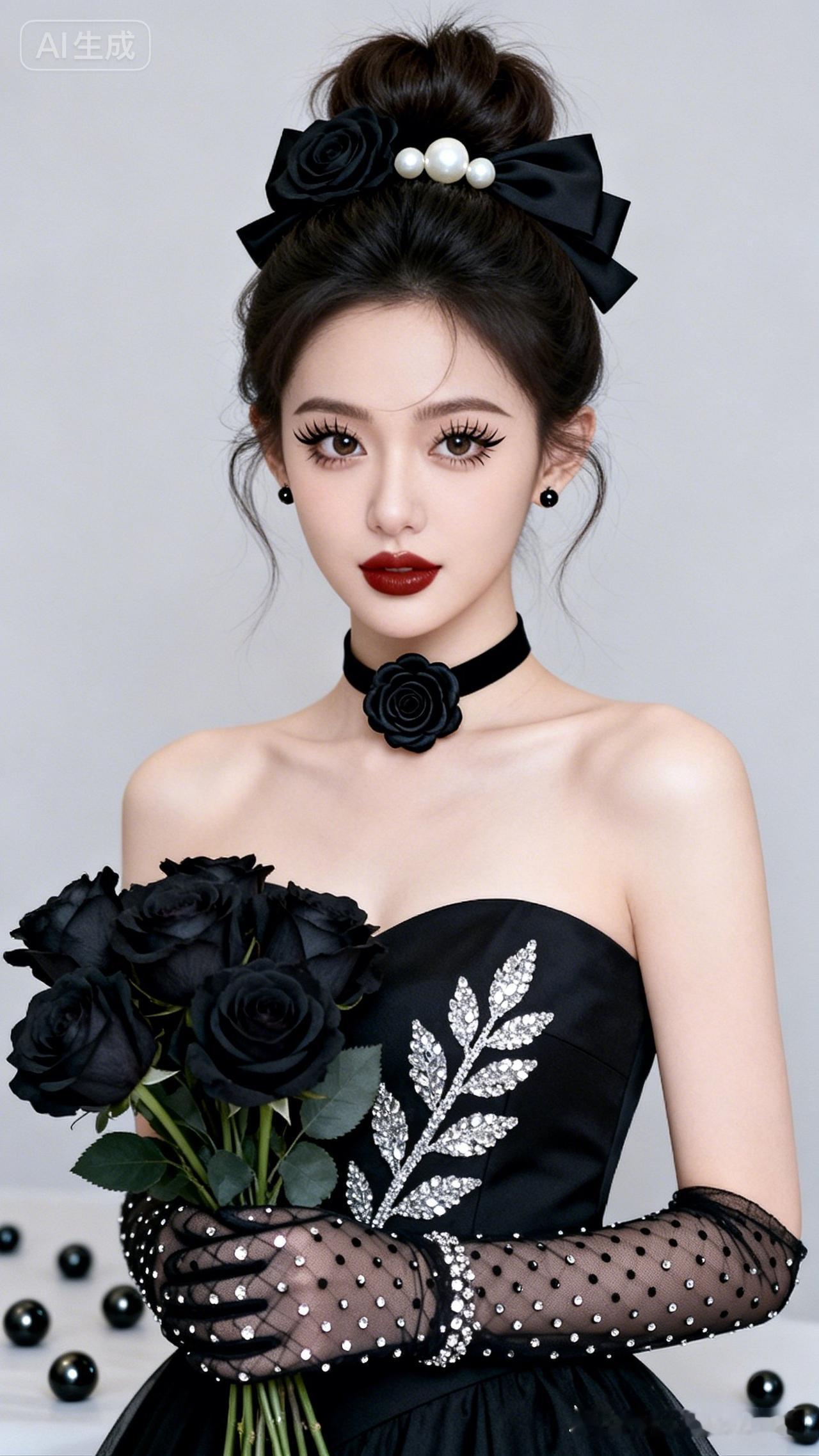冷白皮鹅蛋脸少女梳蓬松高丸子头，缀黑玫瑰与珍珠发饰，黑玫瑰颈饰别致吸睛。身着带银