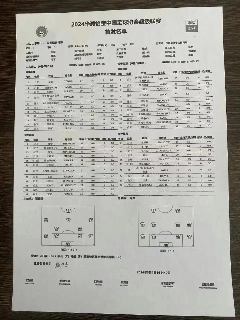 今天，中超新赛季重燃战火，山东泰山主场迎战长春亚泰，赛前双方首发出炉。
山东泰山