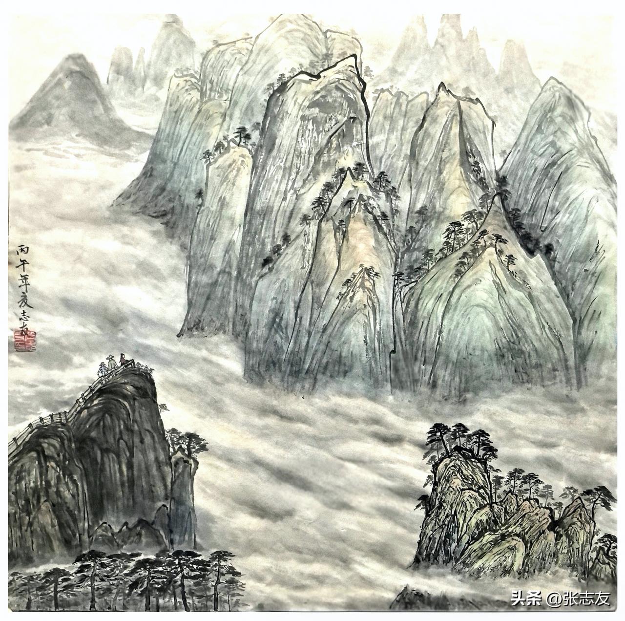 山水画与诗分享我来画，你赋诗，请发挥你的才华。（69*69cm）