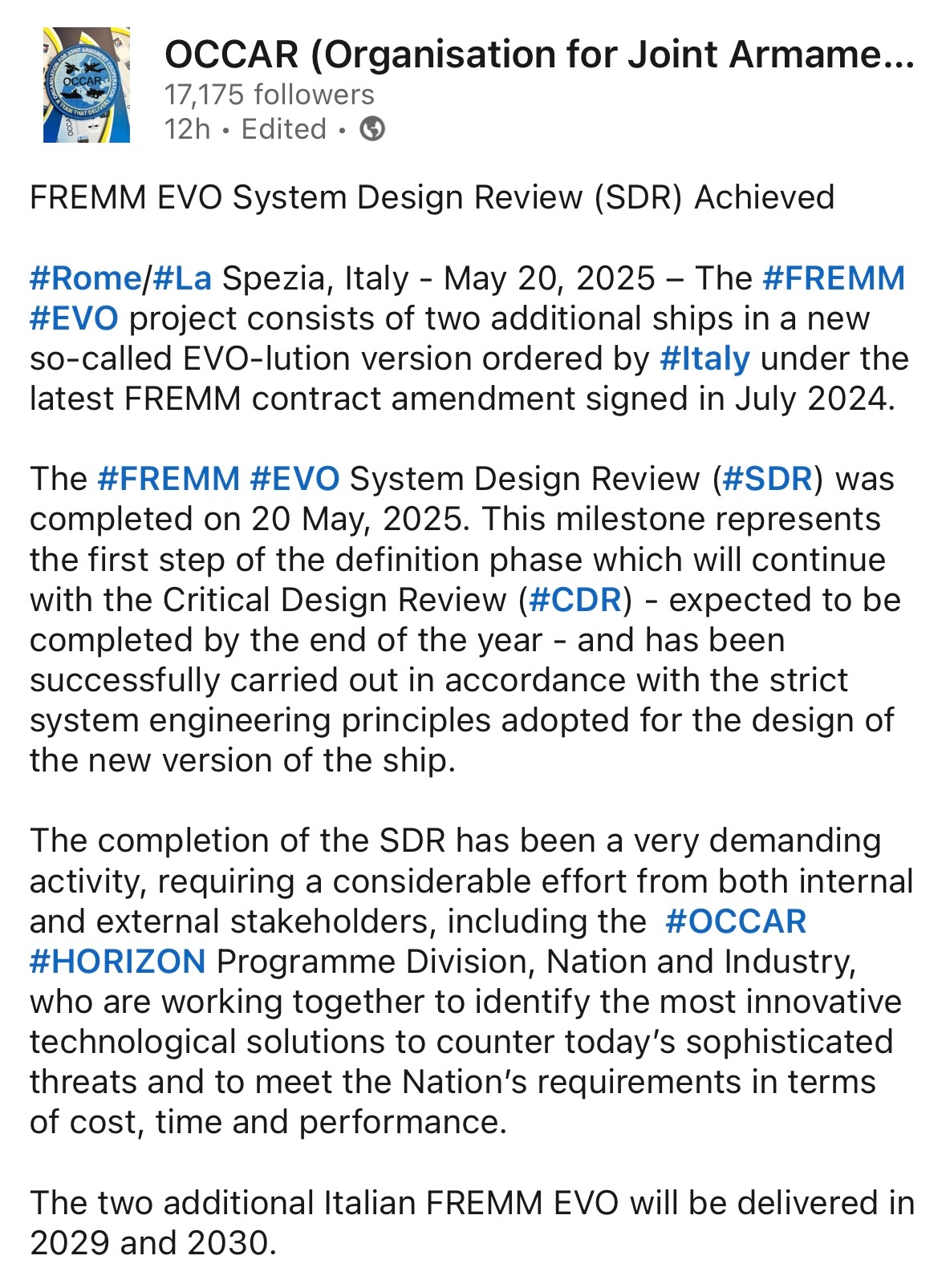 中外舰闻[超话] FREMM EVO已通过✅系统设计评审(System Desi