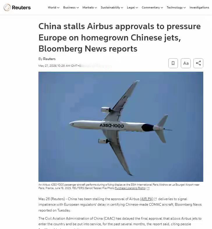 路透社：中国一直在拖延对空客（AIR.PA)的审批

这事有意思了。中国拖着不批