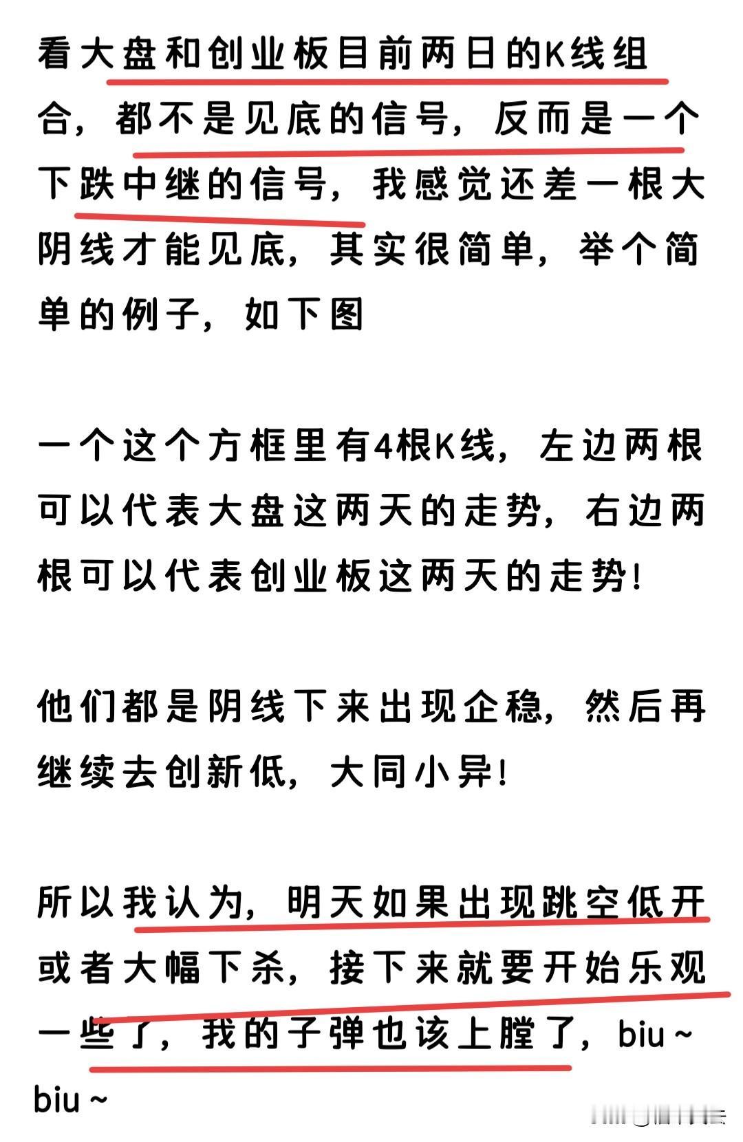 今天的跌幅还不够，虽然创业板从涨幅1.8%到跌幅1.2%，振幅达到了3个点，但是
