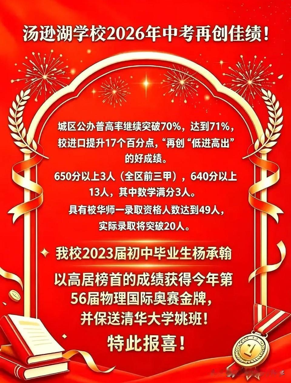 汤逊湖学校发布2026年中考喜报
城区公办普高率突破了70%，
这个数据对于公办