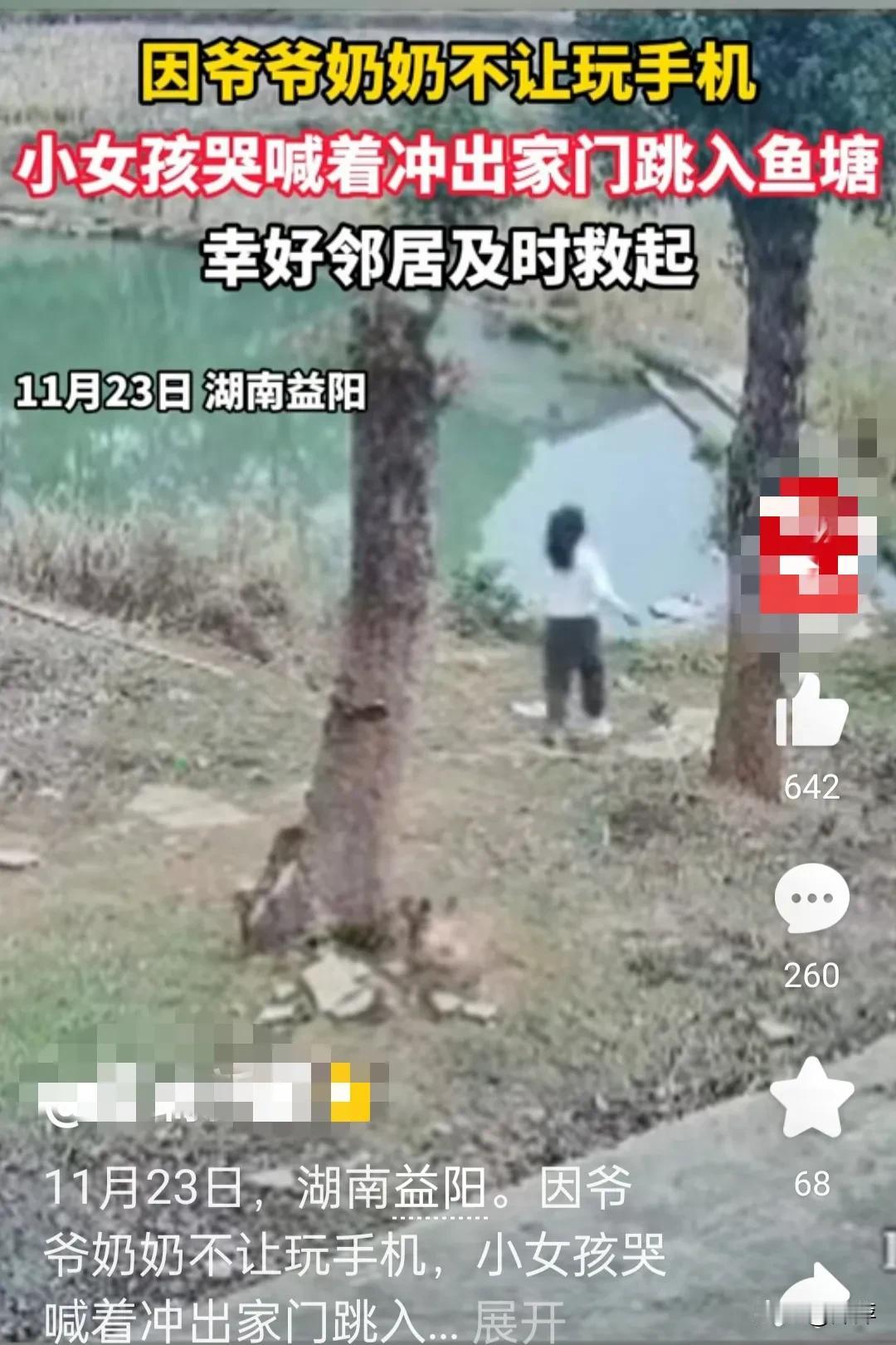 事情发生在湖南益阳，一女孩只因为爷爷奶奶不让玩手机，她竟然哭喊着跳进家门口的池塘