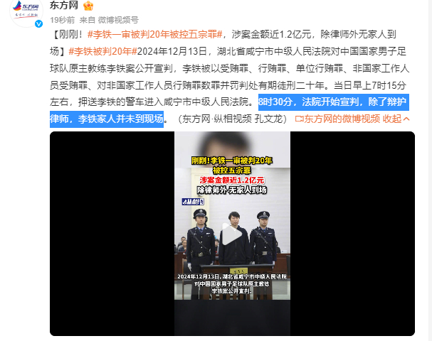 李铁被判20年  湖北省咸宁市中级人民法院对中国国家男子足球队原主教练李铁案公开