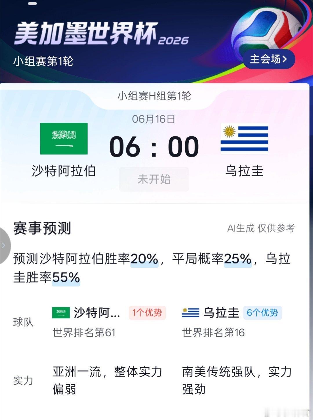 沙特vs乌拉圭6月16日6:00，2026世界杯H组首轮打响，沙特迎战乌拉圭。贝